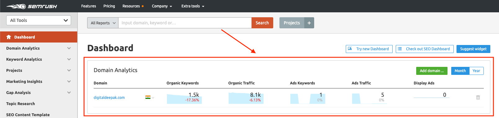 Domain analytics dashboard