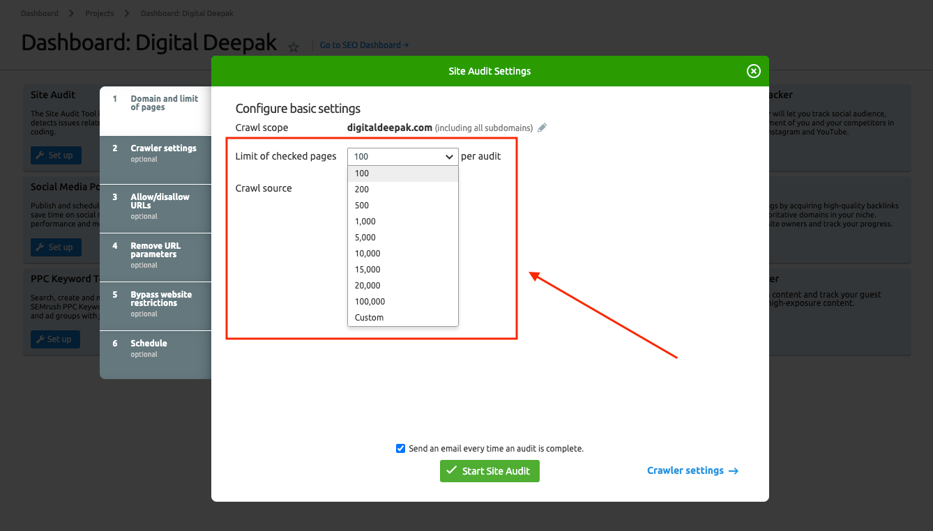 Pages to crawl Site audit